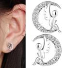 Rhinestone Moon & Angel Earring 1 Pair - With Earring Backs - Stud Earring - Angel & Moon - Silver - One Size