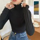 Frilled Turtle-neck Long-sleeve Slim-fit Top