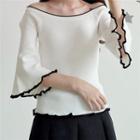 Off-shoulder Piped Long-sleeve Knit Top / Mini Skirt