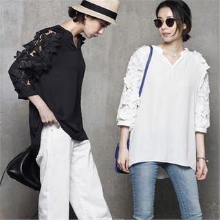 Open-placket Lace-sleeve Top