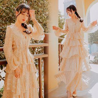 V-neck Dotted Long-sleeve Maxi A-line Dress