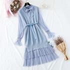 Set: V-neck Long Knit Vest + Tie-neck Long-sleeve Dotted Midi Mesh Dress