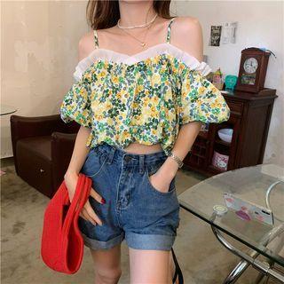 Off-shoulder Floral Printed Ruffle Trim Top