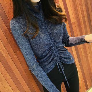 Long-sleeve Ruched-front Glitter Knit Top
