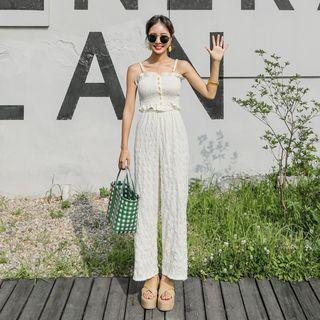 Set: Spaghetti-strap Smocked Top + Band-waist Textured Pants