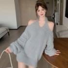 Halter-neck Cold-shoulder Mini Knit Dress