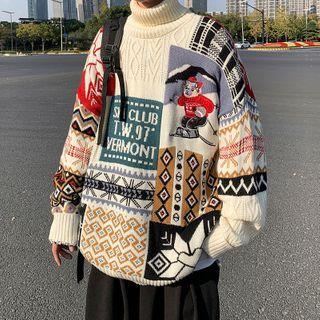 Turtleneck Paneled Cable Knit Sweater
