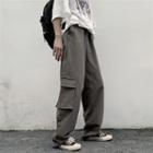 Side-pocket Straight-cut Cargo Pants Grayish Green - One Size