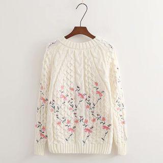 Flower Pattern Cable Knit Sweater Beige - One Size