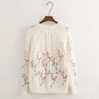 Flower Pattern Cable Knit Sweater Beige - One Size