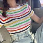 Striped Short-sleeve Knit Top Stripes - One Size