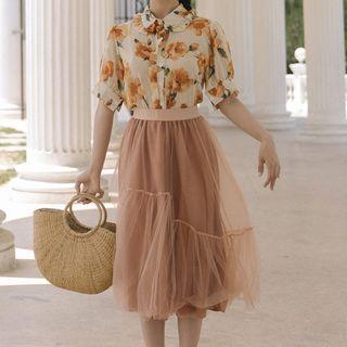 Set: Short-sleeve Floral Print Blouse + Midi A-line Mesh Skirt Blouse - Almond - S / Skirt - Caramel - One Size
