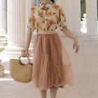 Set: Short-sleeve Floral Print Blouse + Midi A-line Mesh Skirt Blouse - Almond - S / Skirt - Caramel - One Size