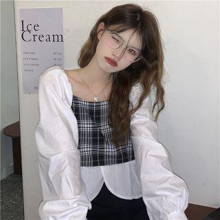 Puff-sleeve Plaid Panel Blouse Black & White - One Size