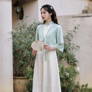Set: Mandarin Collar Midi A-line Dress + Embroidered Tie-strap Light Jacket