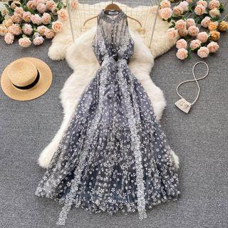 Halter Mesh Panel Lace Sleeveless Dress