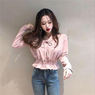 Long-sleeve Tie-neck Smocked Knit Top