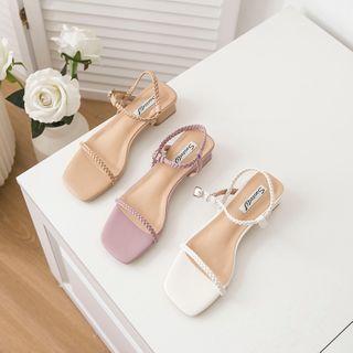 Block Heel Square-toe Braided Strap Sandals