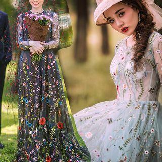 3/4-sleeve Floral Embroidered Evening Gown
