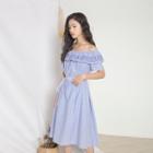 Short-sleeve Off Shoulder Striped A-line Midi Dress
