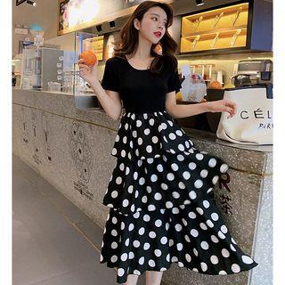 Short-sleeve Dotted Tiered Midi Dress