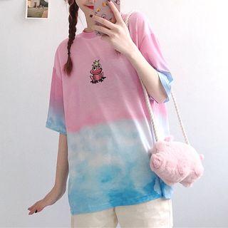Elbow-sleeve Oversize Gradient Cartoon T-shirt Pink - One Size