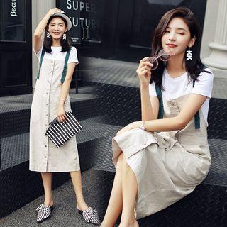 Set: Crew-neck Short-sleeve T-shirt + Pocket Detail Midi Jumper Dress