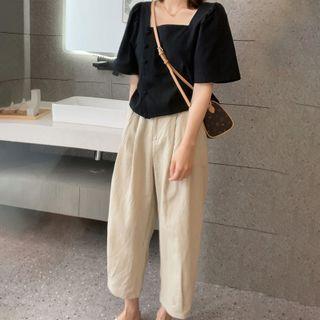 Short-sleeve Square Neck Plain Top / High-waist Loose Fit Straight Leg Pants