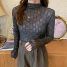 Long-sleeve Mock Neck Lace T-shirt