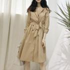 Long-sleeve Wide Lapel Coatdress With Sash