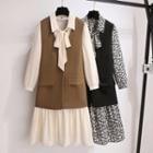Set: Long-sleeve Tie-neck A-line Chiffon Dress + Vest