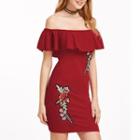 Flower Embroidered Ruffle Trim Off Shoulder Short Sleeve Dress