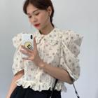 Elbow-sleeve Floral Print Blouse Floral - Beige - One Size