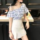 Plaid One-shoulder Ruffle Blouse As Shown In Figure - One Size
