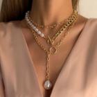 Set Of 3 : Faux Pearl Necklace + Faux Pearl Pendant Necklace + Alloy Choker