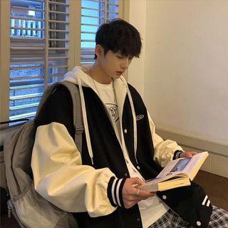 Mock Two-piece Logo Hooded Baseball Jacket