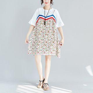 Short-sleeve Floral Print Mock Two-piece Dress