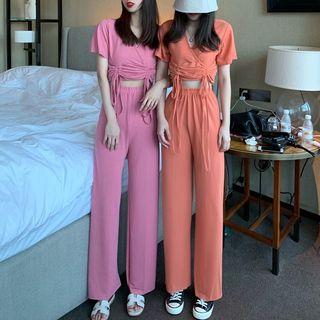 Set : Short-sleeve Drawstring T-shirt + High-waist Wide-leg Pants