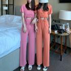 Set : Short-sleeve Drawstring T-shirt + High-waist Wide-leg Pants