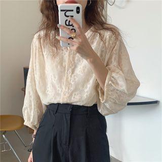 Long-sleeve Floral Embroidered Button-up Blouse Almond - One Size