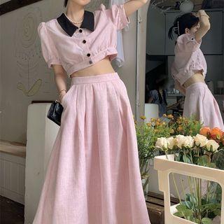 Puff-sleeve Two-tone Cropped Blouse / Midi A-line Skirt