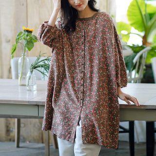 3/4-sleeve Floral Print Button-up Tunic Top