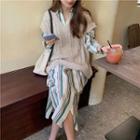 Striped Long-sleeve Loose-fit Shirtdress / Cable Knit Vest