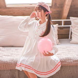 Long-sleeve Letter Embroidery Pleated-hem Dress