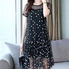 Short-sleeve Patterned Mesh A-line Dress