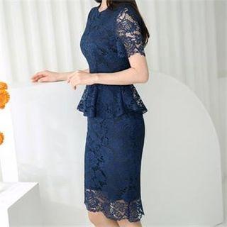 Short-sleeve Laced Peplum Dress