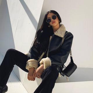 Buckle-neck Faux-shearling Zip-up Jacket Black - One Size