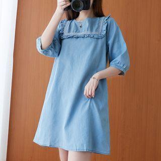 Elbow-sleeve Ruffle Trim Denim Mini Dress Light Blue - One Size