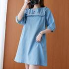 Elbow-sleeve Ruffle Trim Denim Mini Dress Light Blue - One Size