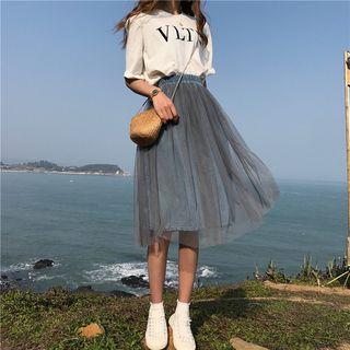 Sheer Panel A-line Midi Denim Skirt